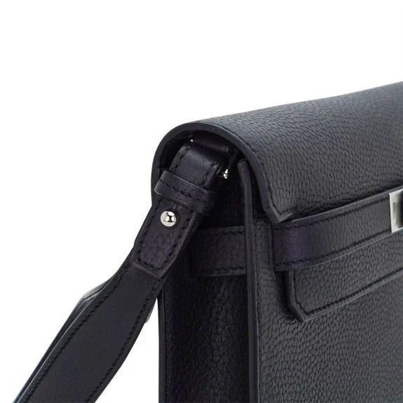 Solid Black Flap Wrist Pouch With Silver Turn Lock & Detachable Leather Wrist Strap