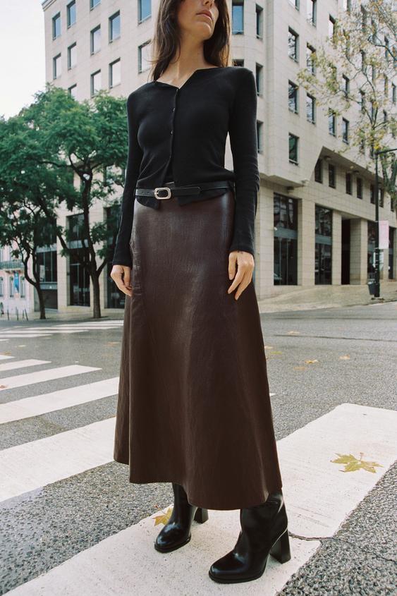 FAUX LEATHER BELTED MIDI SKIRT