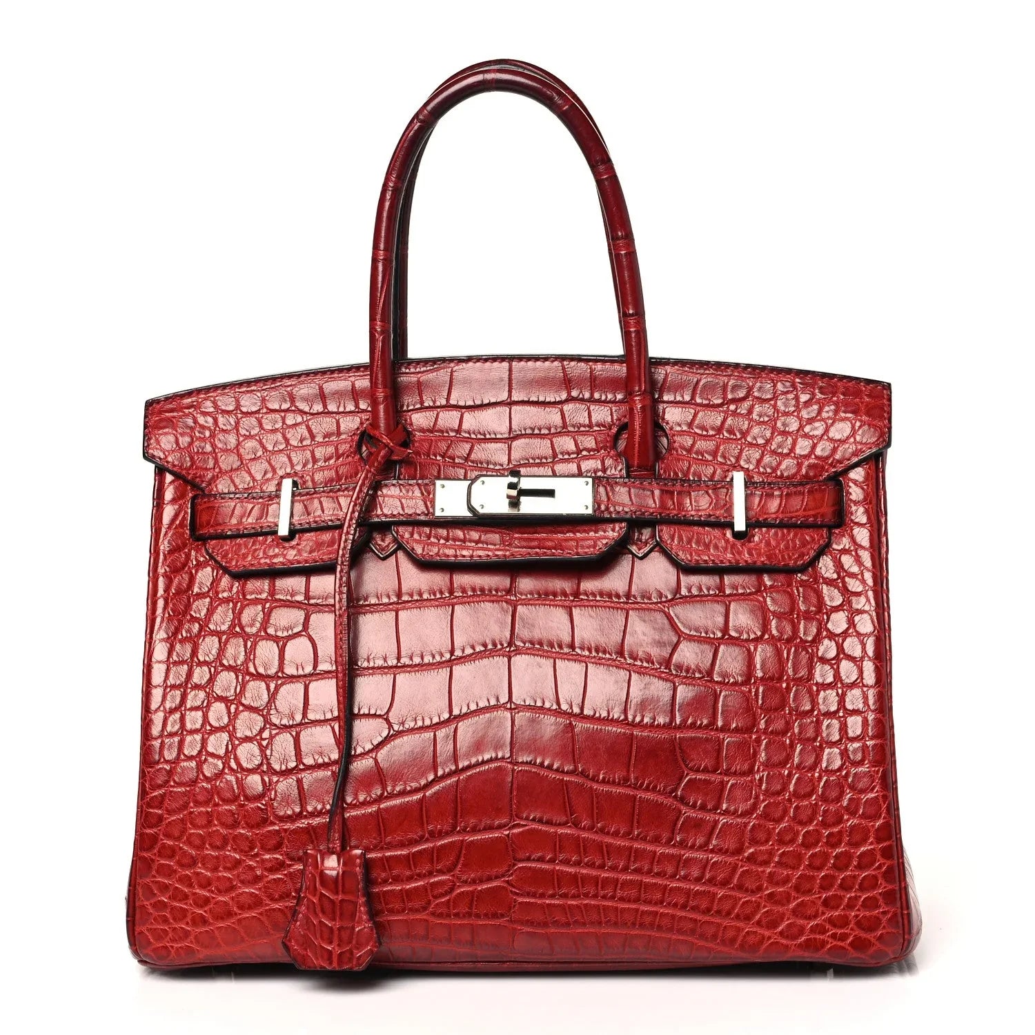 Red Matte Crocodile Textured Leather Handbag With Turn Lock Closure and Matching Top Handles