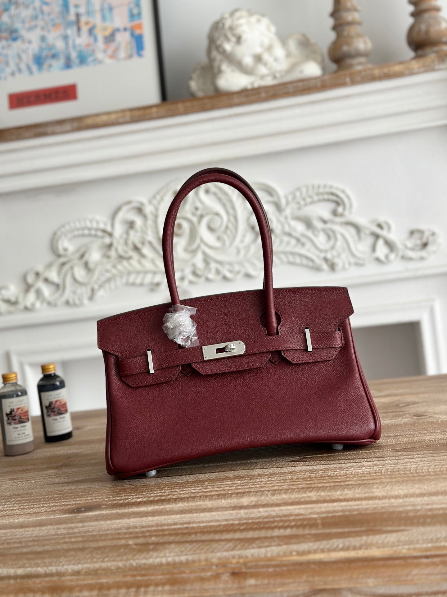 Red Convertible Shoulder Handbag With Silver Turn Lock and Rolled Top Handles