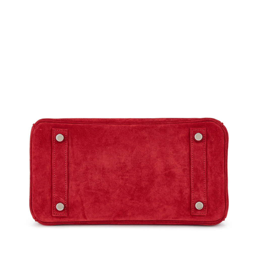 Red Soft Suede Handbag With Turn Lock Flap and Fixed Rolled Top Handles