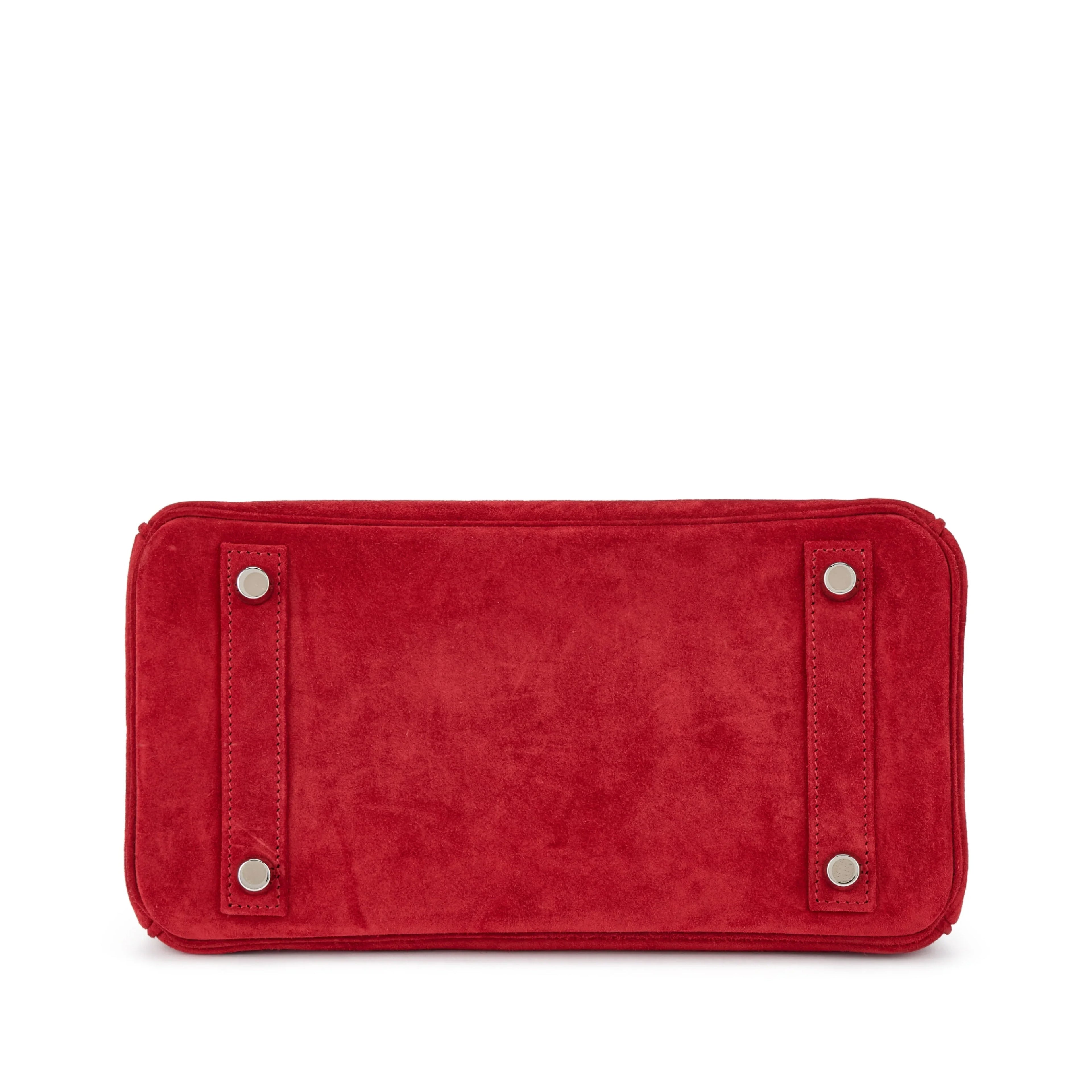 Red Soft Suede Handbag With Turn Lock Flap and Fixed Rolled Top Handles