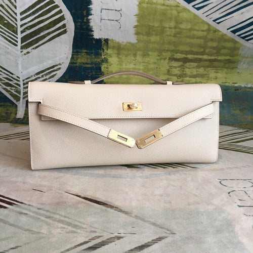 Creamy White Slim Evening Clutch With Gold Plated Turn Lock and Mini Top Handle