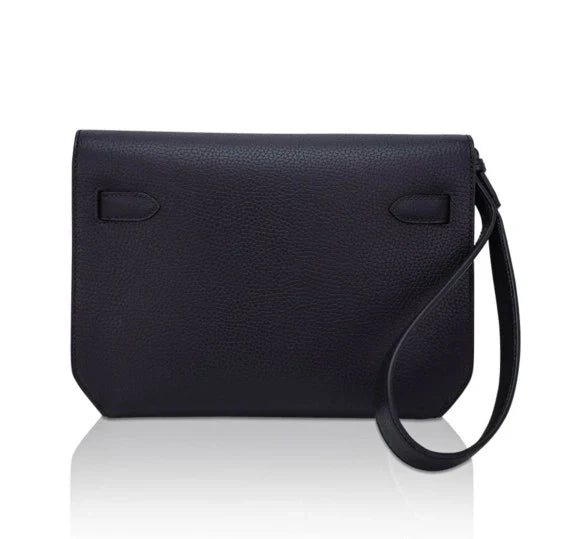 Solid Black Flap Wrist Pouch With Silver Turn Lock & Detachable Leather Wrist Strap