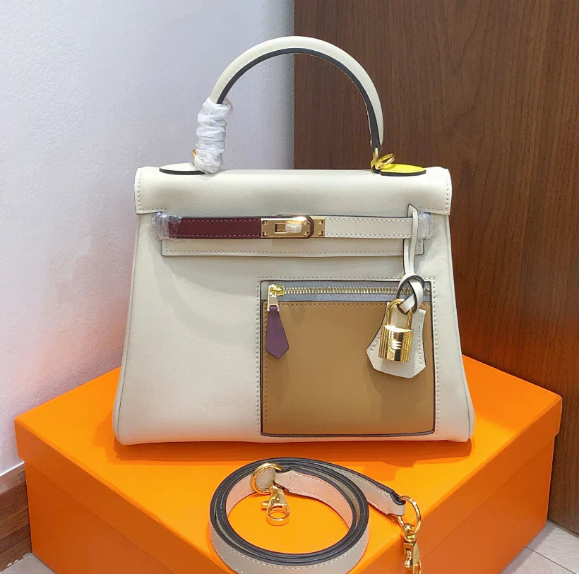 Creamy White Color Block Handbag With Gold Turn Lock and Front Zip Pocket