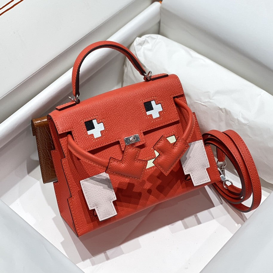 Red Playful Doll Design Mini Leather Handbag With Turn Lock Flap and Top Handle