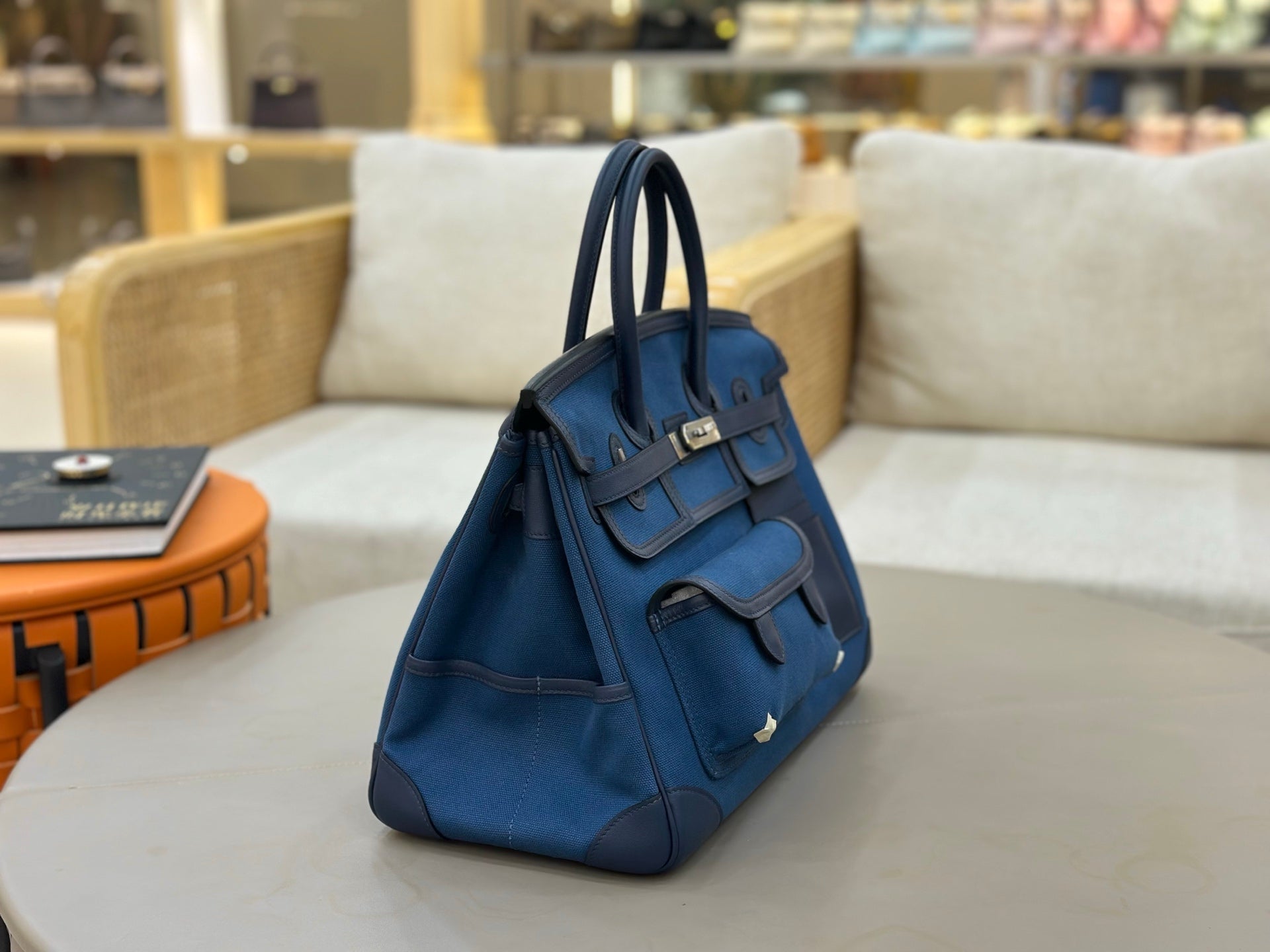 Deep Abyss Blue Multi-Pocket Structured Handbag With Silver Turn Lock and Dual Rolled Top Handles