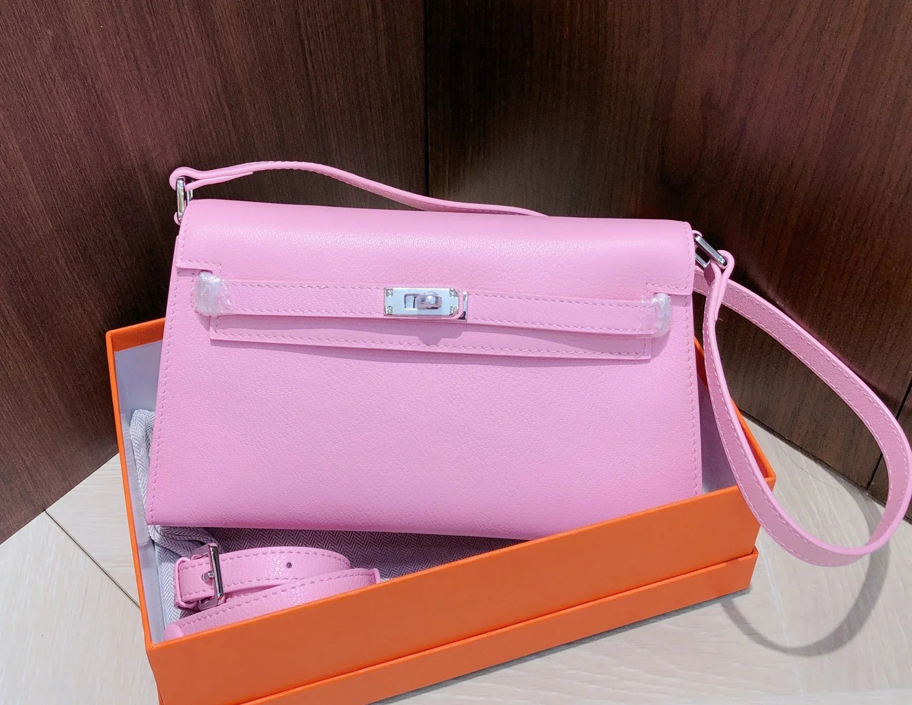 Soft Mauve Pink Long Crossbody Clutch With Silver Turn Lock and Thin Shoulder Strap