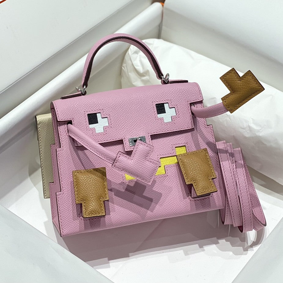 Mallow Pink Mini Mosaic Patchwork Handbag With Silver Turn Lock and Detachable Shoulder Strap