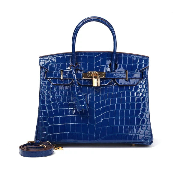 Glossy Bright Blue Croc Embossed Satchel Handbag With Gold Metal Lock and Detachable Shoulder Strap