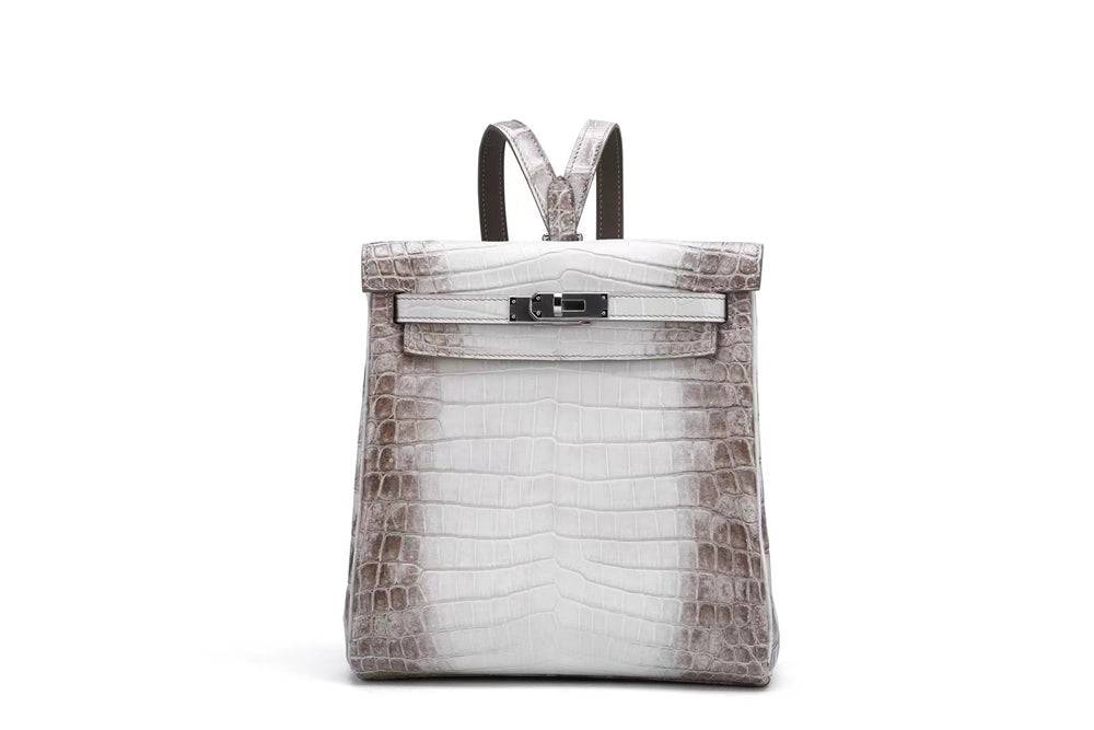 Gradient White Crocodile Texture Backpack With Silver Turn Lock and Adjustable Shoulder Straps
