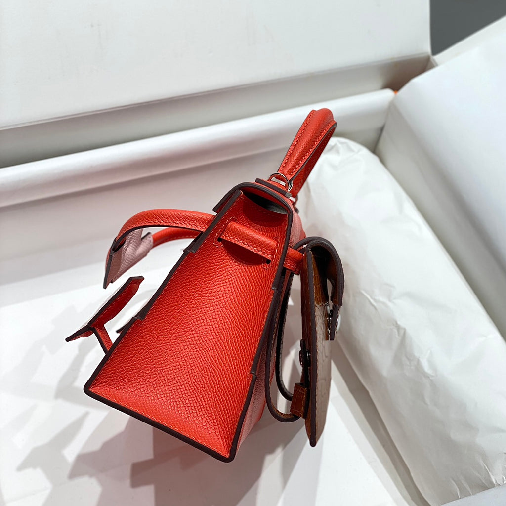 Red Playful Doll Design Mini Leather Handbag With Turn Lock Flap and Top Handle