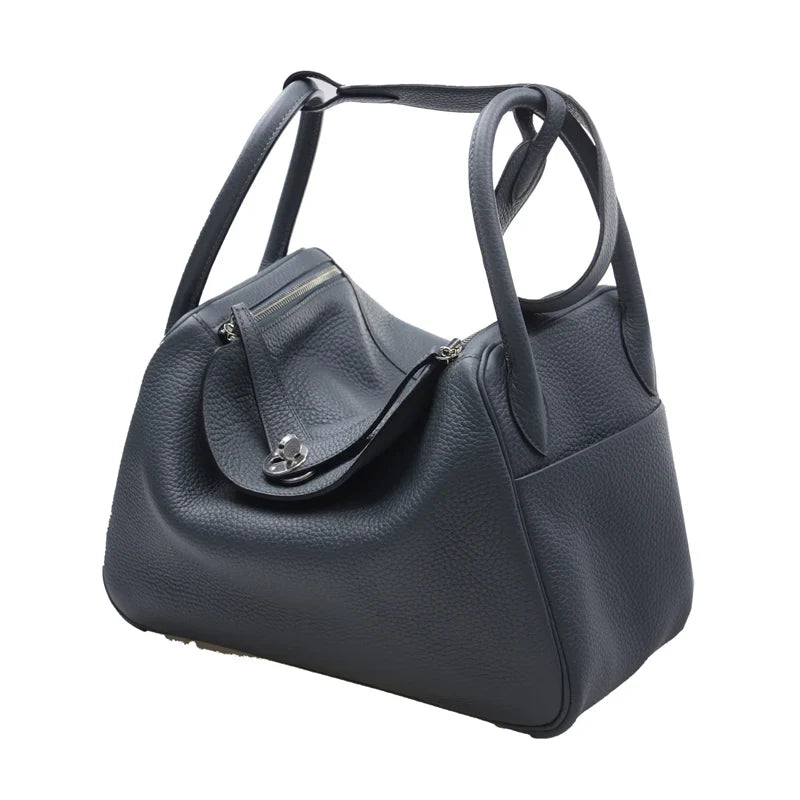 Dark Storm Black Soft Grain Dual-Handle Shoulder Bag With Silver Twist Lock and Wide Adjustable Straps