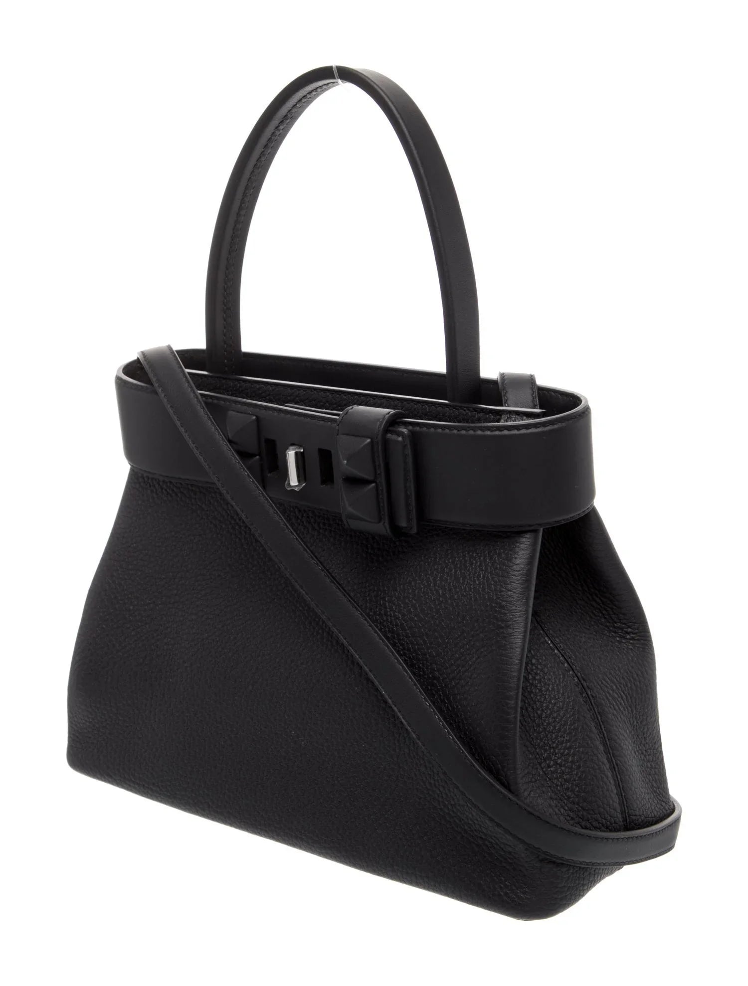 All-Black Soft Grain Handbag With Silver Buckle Hardware, Flat Top Handle & Detachable Shoulder Strap