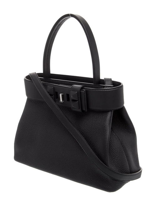 All-Black Soft Grain Handbag With Silver Buckle Hardware, Flat Top Handle & Detachable Shoulder Strap