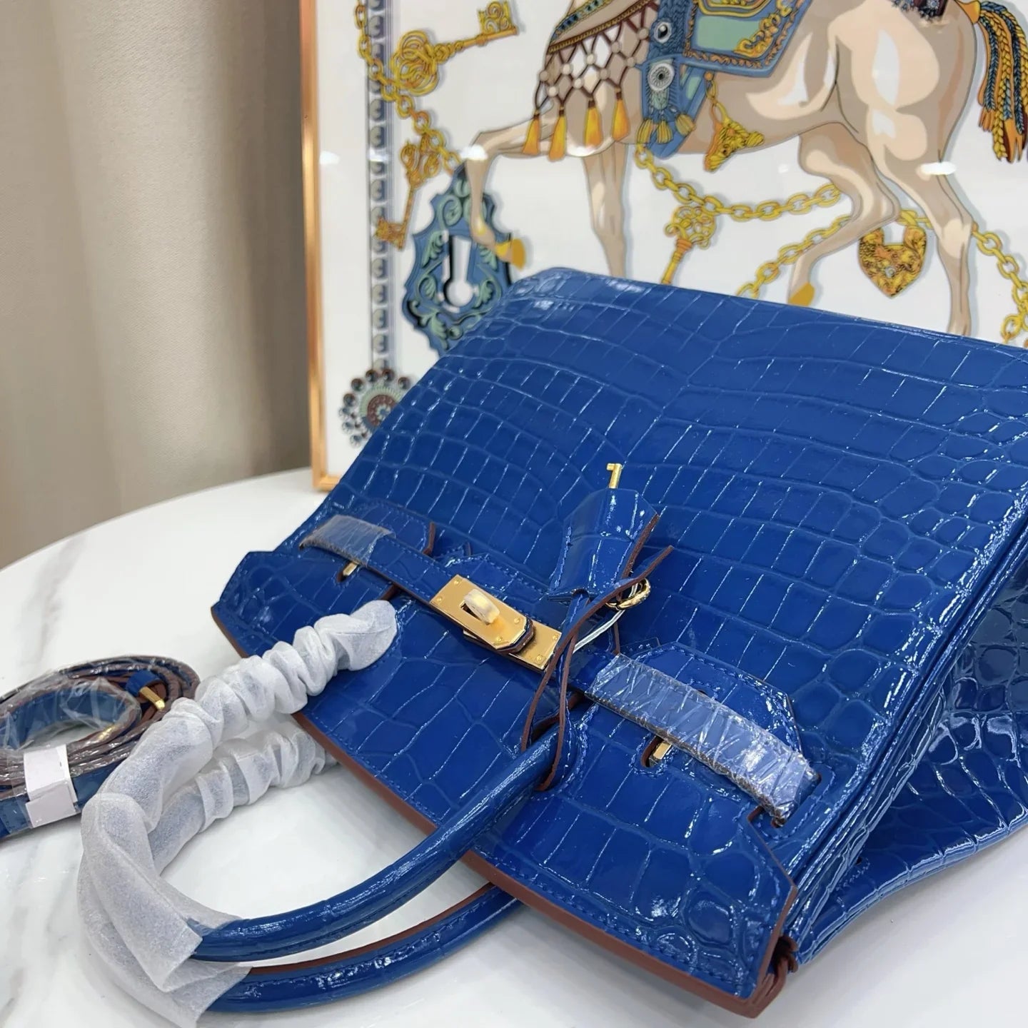 Glossy Bright Blue Croc Embossed Satchel Handbag With Gold Metal Lock and Detachable Shoulder Strap