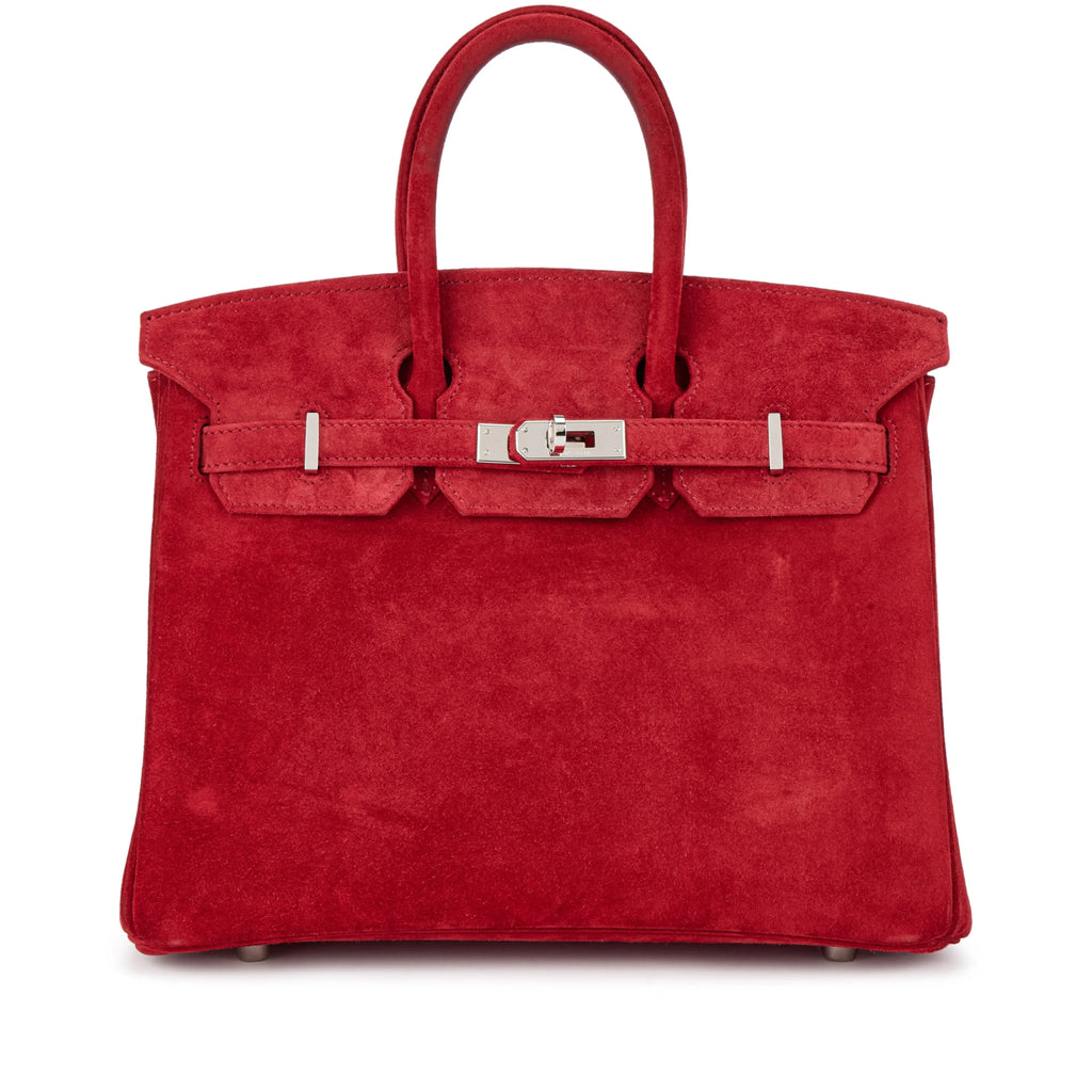 Red Soft Suede Handbag With Turn Lock Flap and Fixed Rolled Top Handles