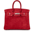 Red Soft Suede Handbag With Turn Lock Flap and Fixed Rolled Top Handles