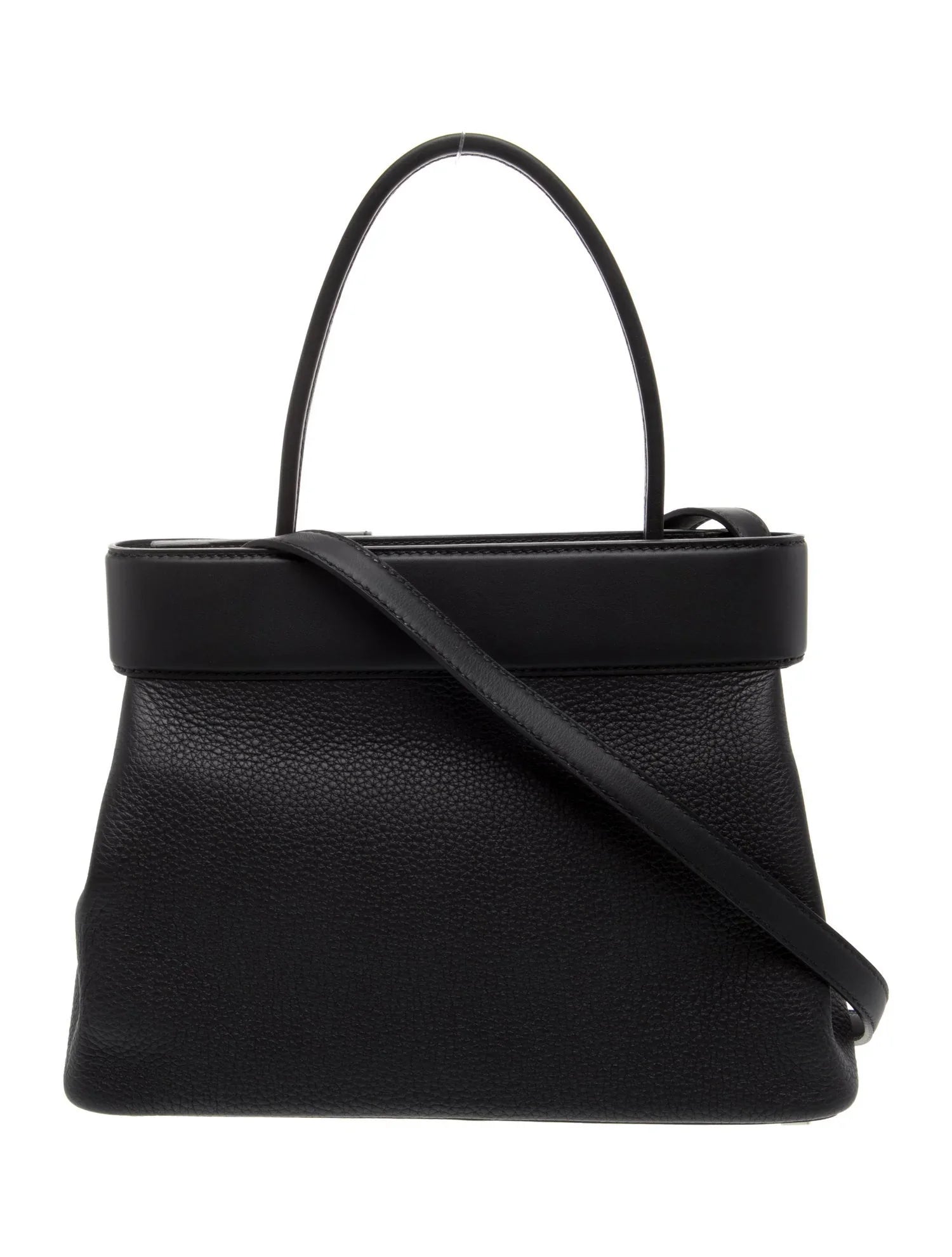 All-Black Soft Grain Handbag With Silver Buckle Hardware, Flat Top Handle & Detachable Shoulder Strap