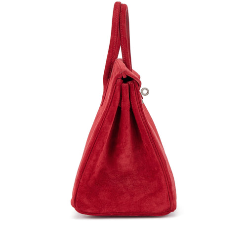Red Soft Suede Handbag With Turn Lock Flap and Fixed Rolled Top Handles