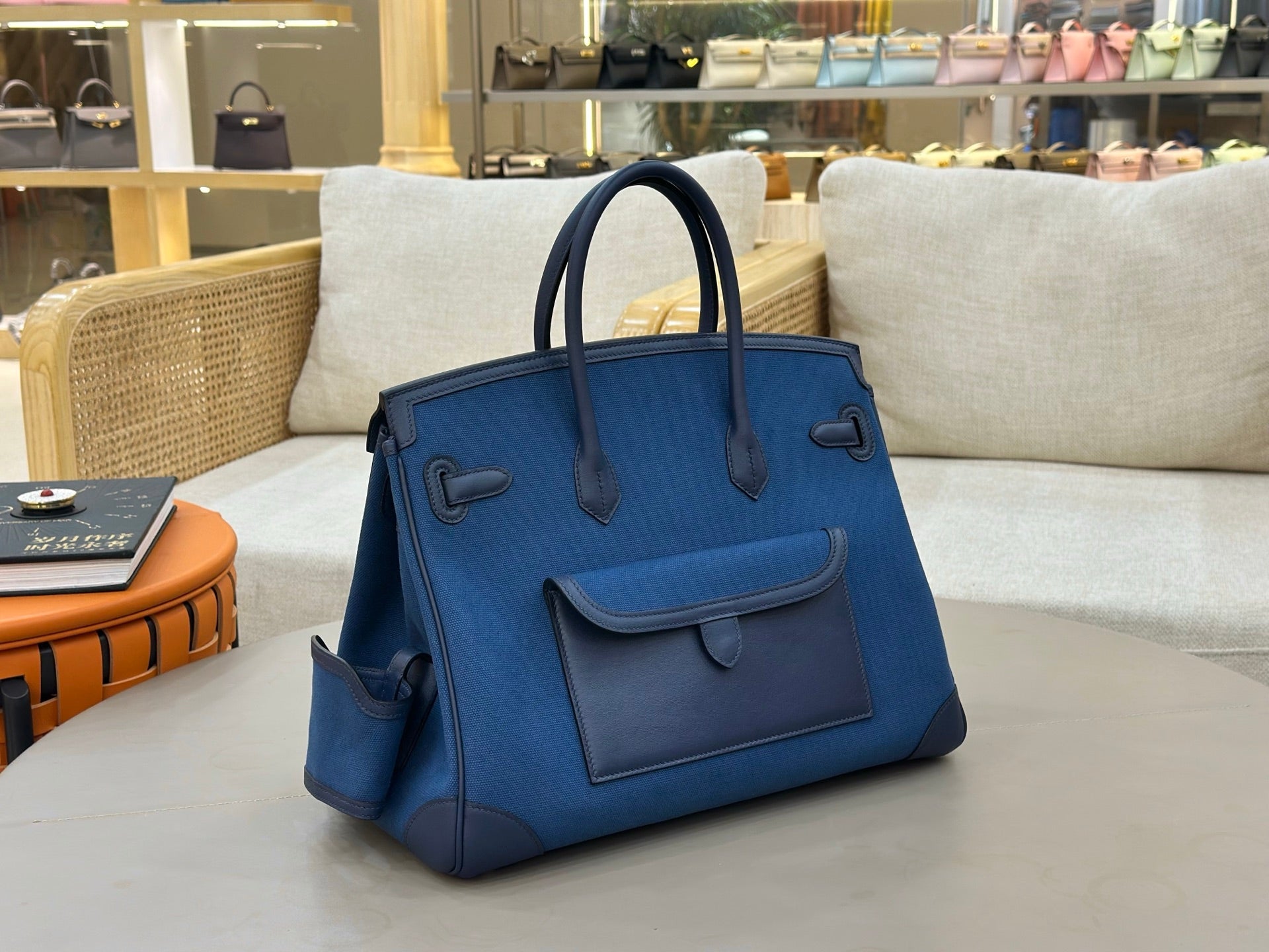 Deep Abyss Blue Multi-Pocket Structured Handbag With Silver Turn Lock and Dual Rolled Top Handles