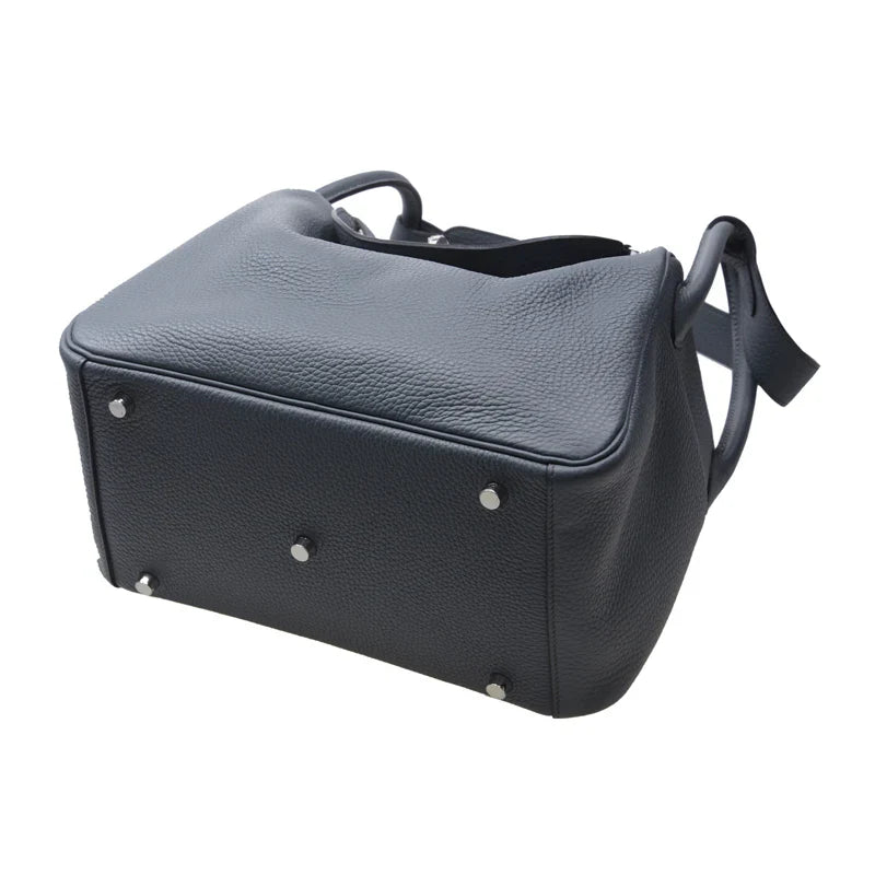Dark Storm Black Soft Grain Dual-Handle Shoulder Bag With Silver Twist Lock and Wide Adjustable Straps