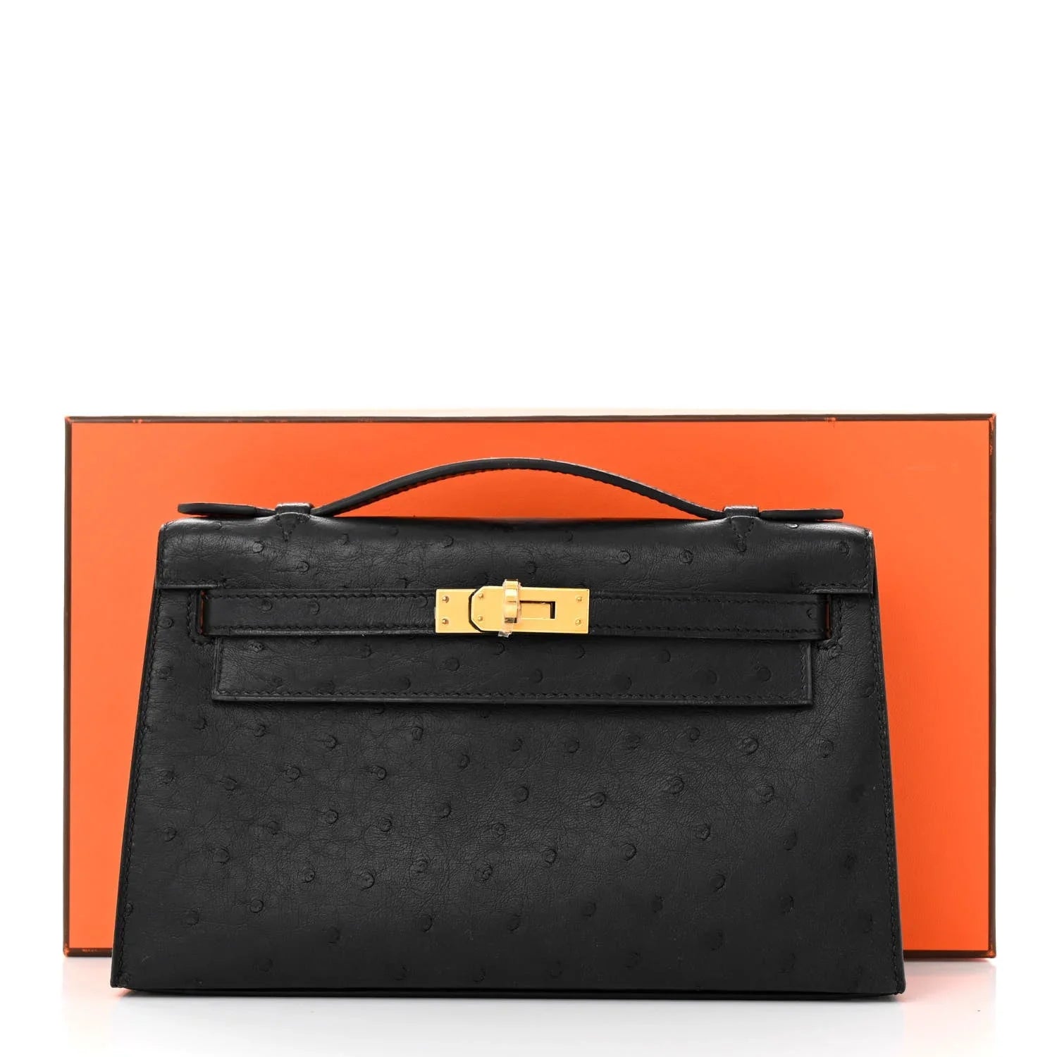 Matte Black Dot Grain Slim Clutch With Gold Plated Turn Lock and Mini Top Handle