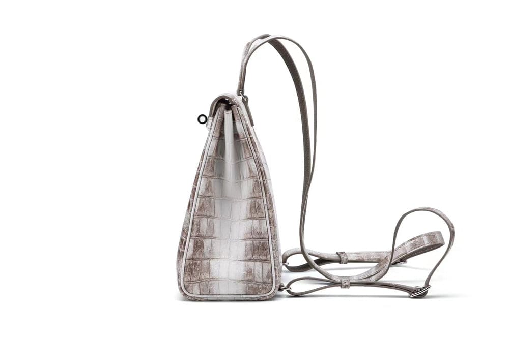 Gradient White Crocodile Texture Backpack With Silver Turn Lock and Adjustable Shoulder Straps