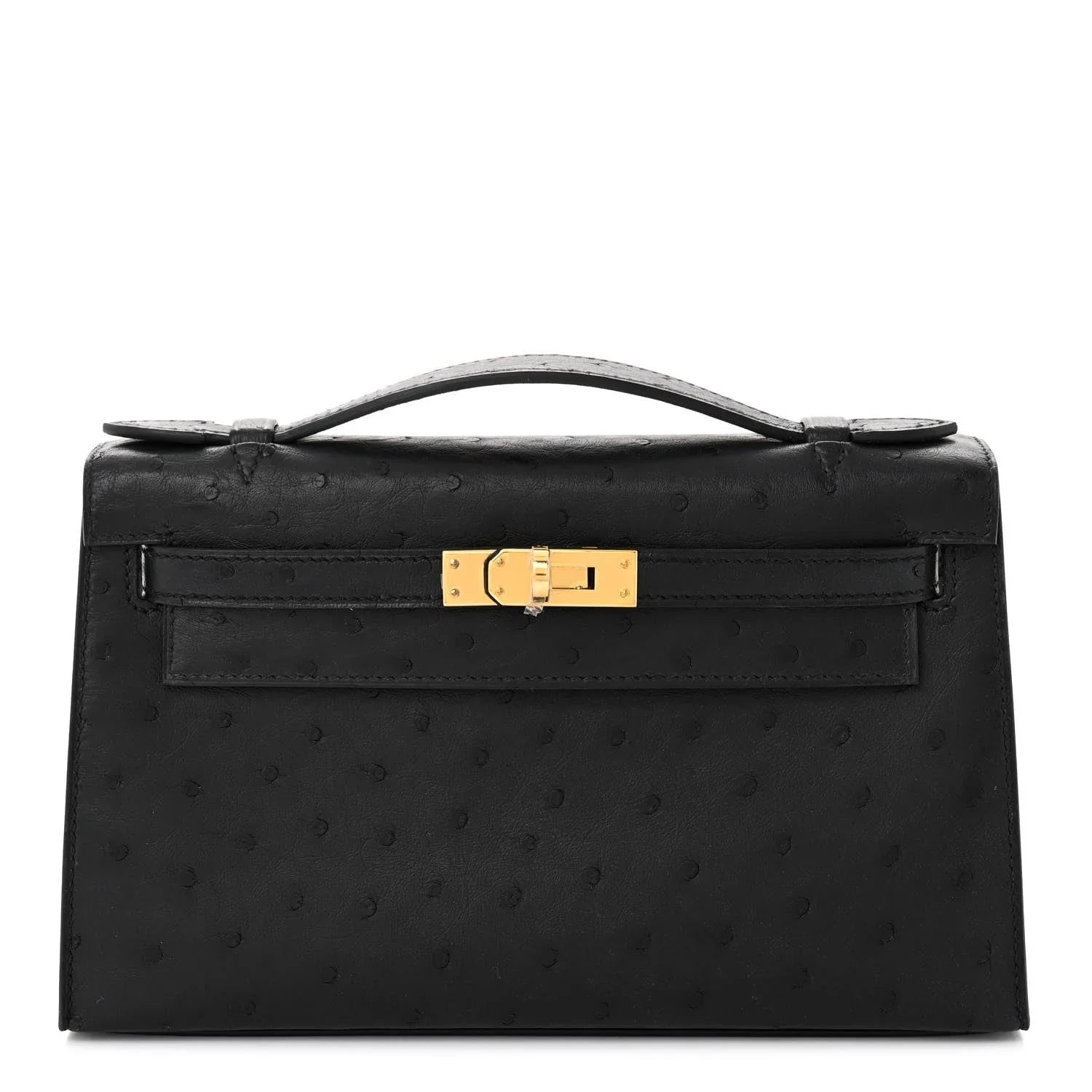 Matte Black Dot Grain Slim Clutch With Gold Plated Turn Lock and Mini Top Handle