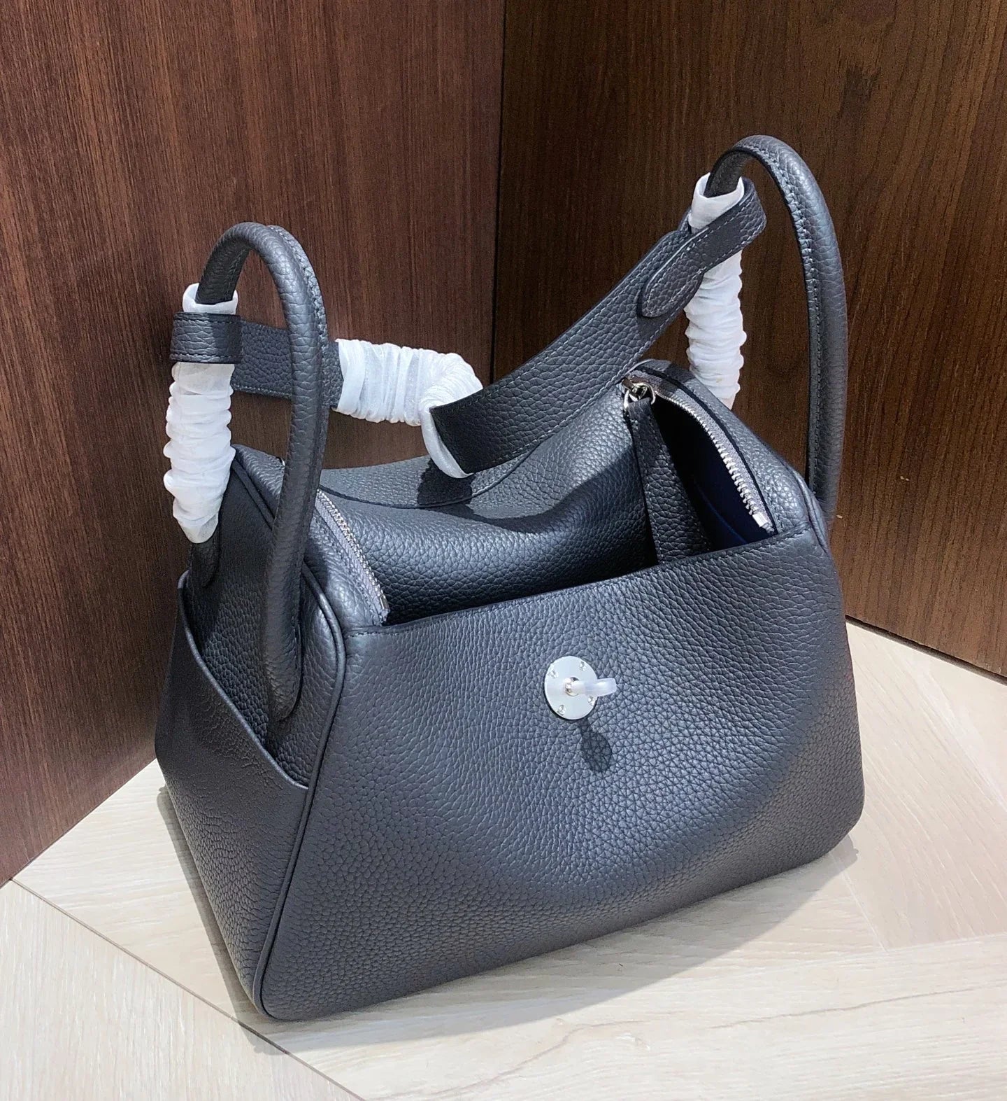 Dark Storm Black Soft Grain Dual-Handle Shoulder Bag With Silver Twist Lock and Wide Adjustable Straps
