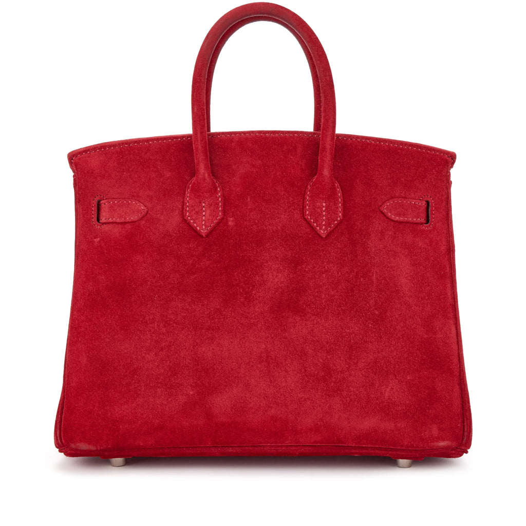 Red Soft Suede Handbag With Turn Lock Flap and Fixed Rolled Top Handles