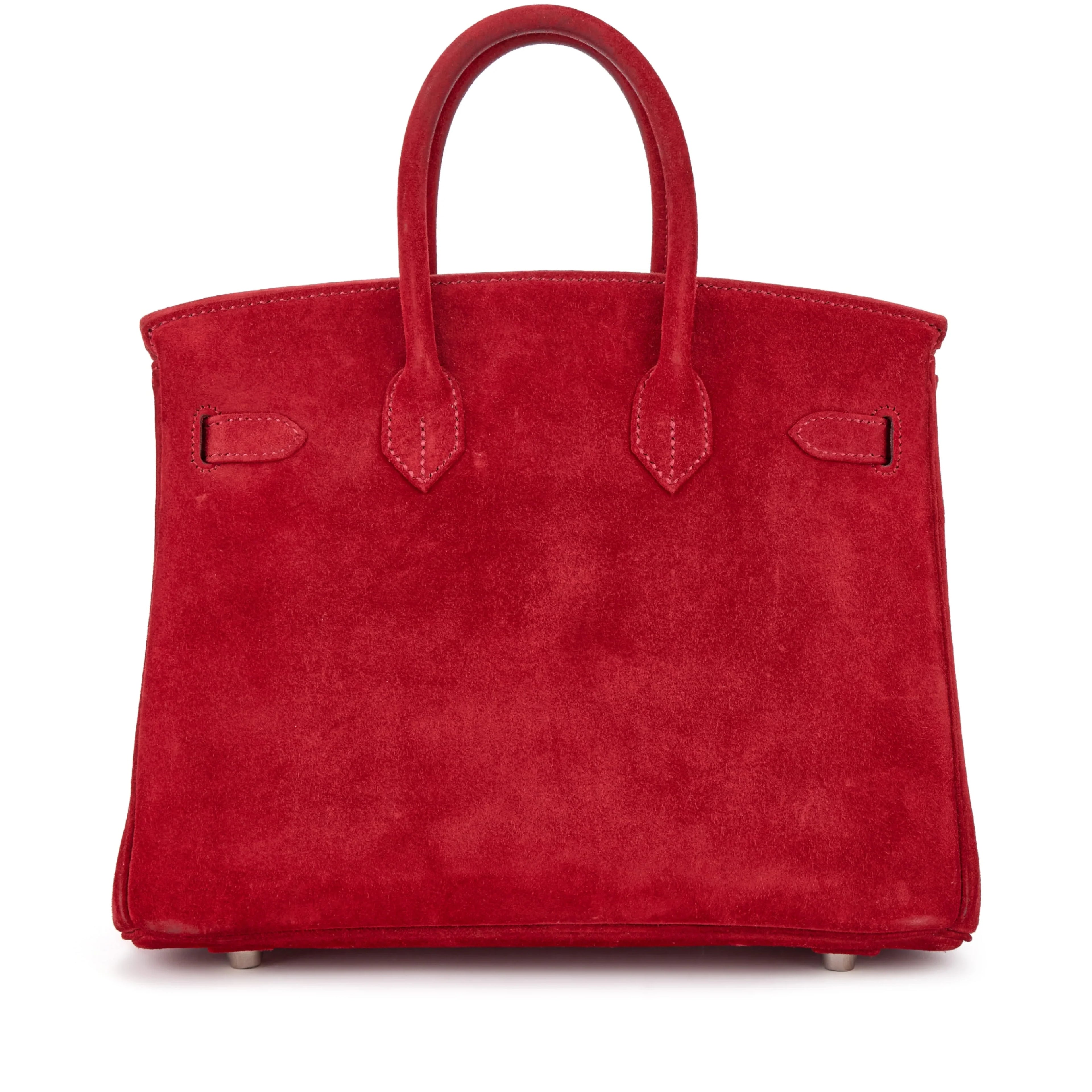Red Soft Suede Handbag With Turn Lock Flap and Fixed Rolled Top Handles