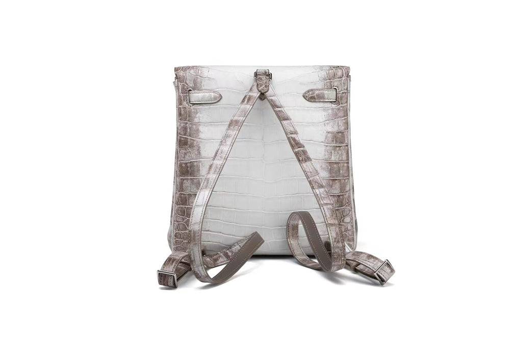 Gradient White Crocodile Texture Backpack With Silver Turn Lock and Adjustable Shoulder Straps