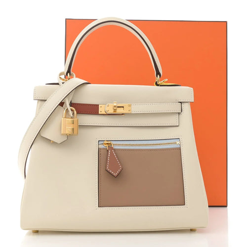Creamy White Color Block Handbag With Gold Turn Lock and Front Zip Pocket
