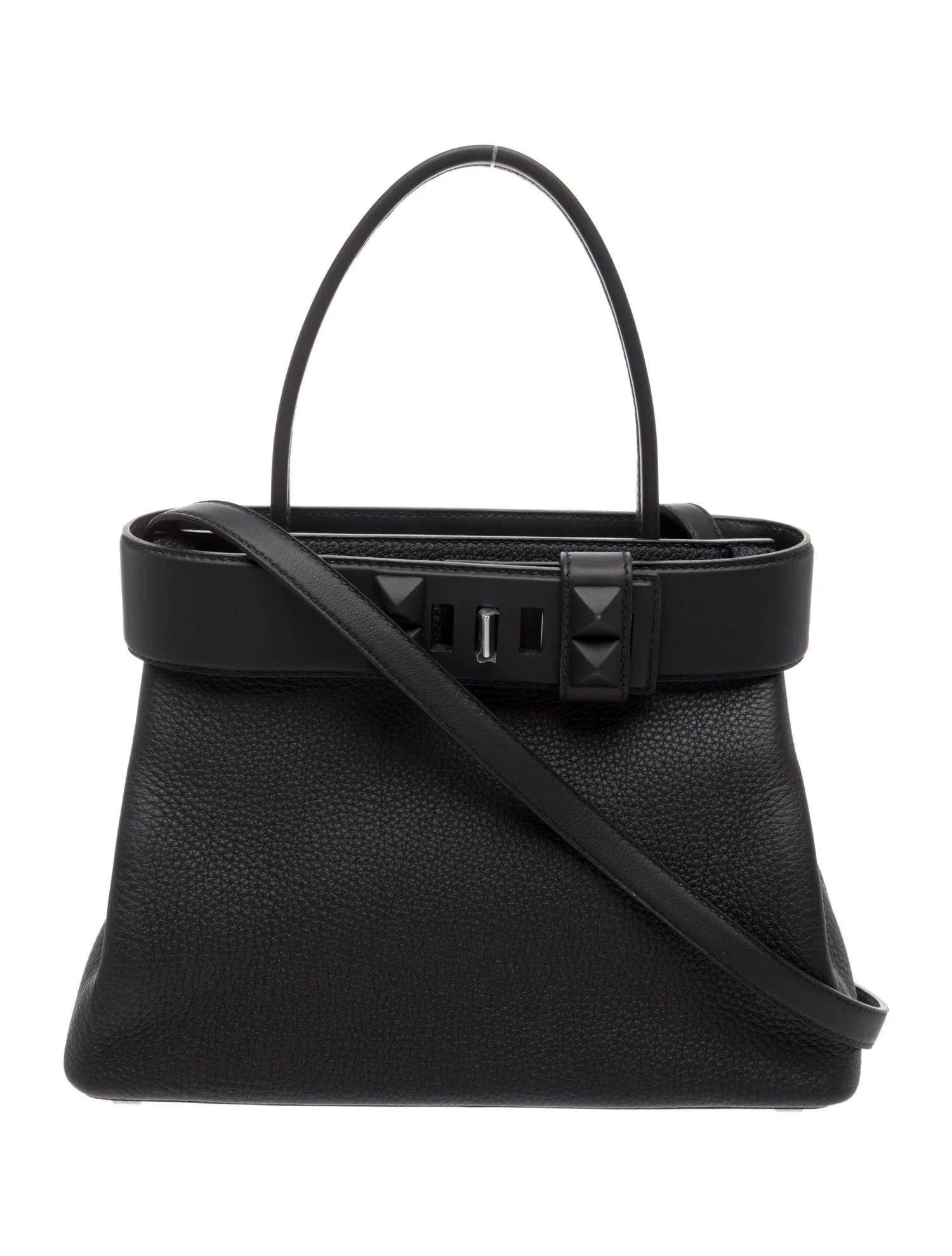 All-Black Soft Grain Handbag With Silver Buckle Hardware, Flat Top Handle & Detachable Shoulder Strap