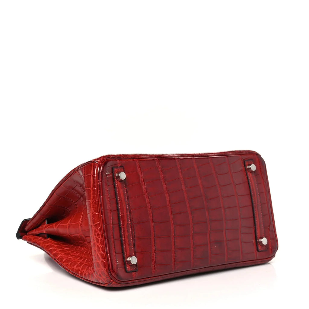 Red Matte Crocodile Textured Leather Handbag With Turn Lock Closure and Matching Top Handles