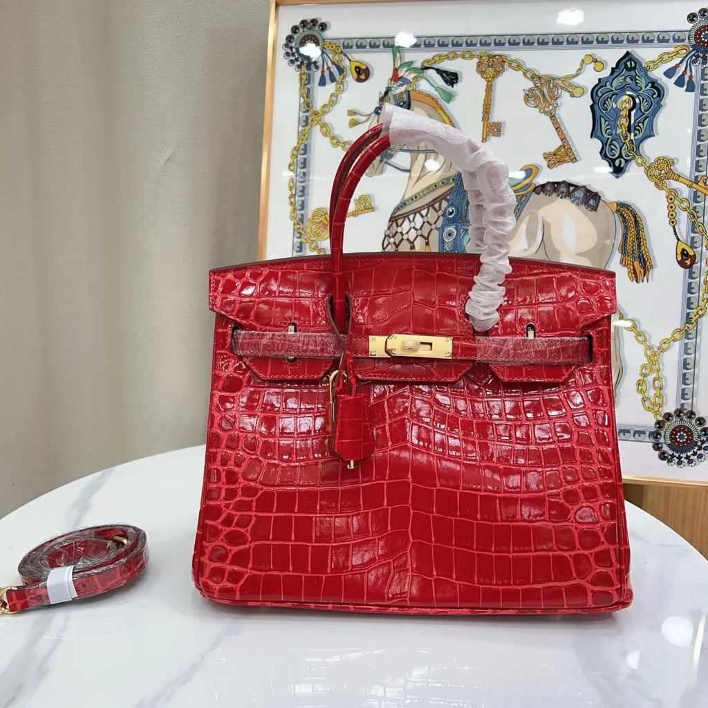 Red Matte Crocodile Textured Leather Handbag With Turn Lock Closure and Matching Top Handles
