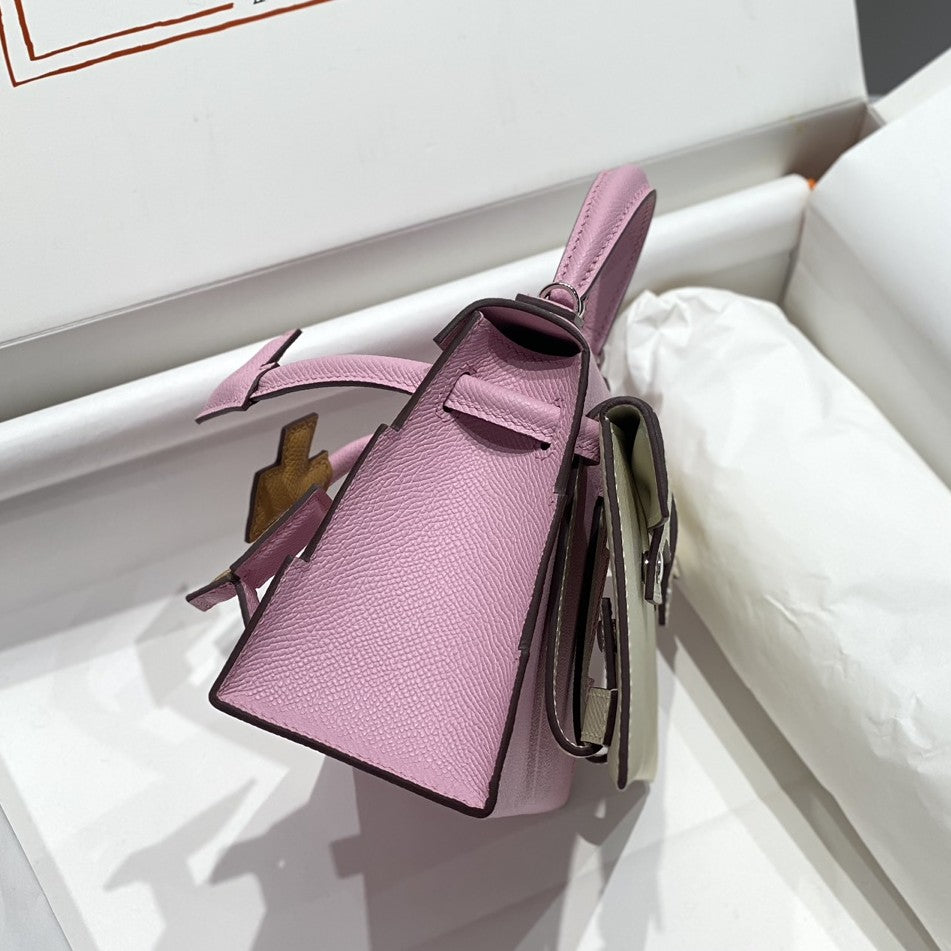 Mallow Pink Mini Mosaic Patchwork Handbag With Silver Turn Lock and Detachable Shoulder Strap