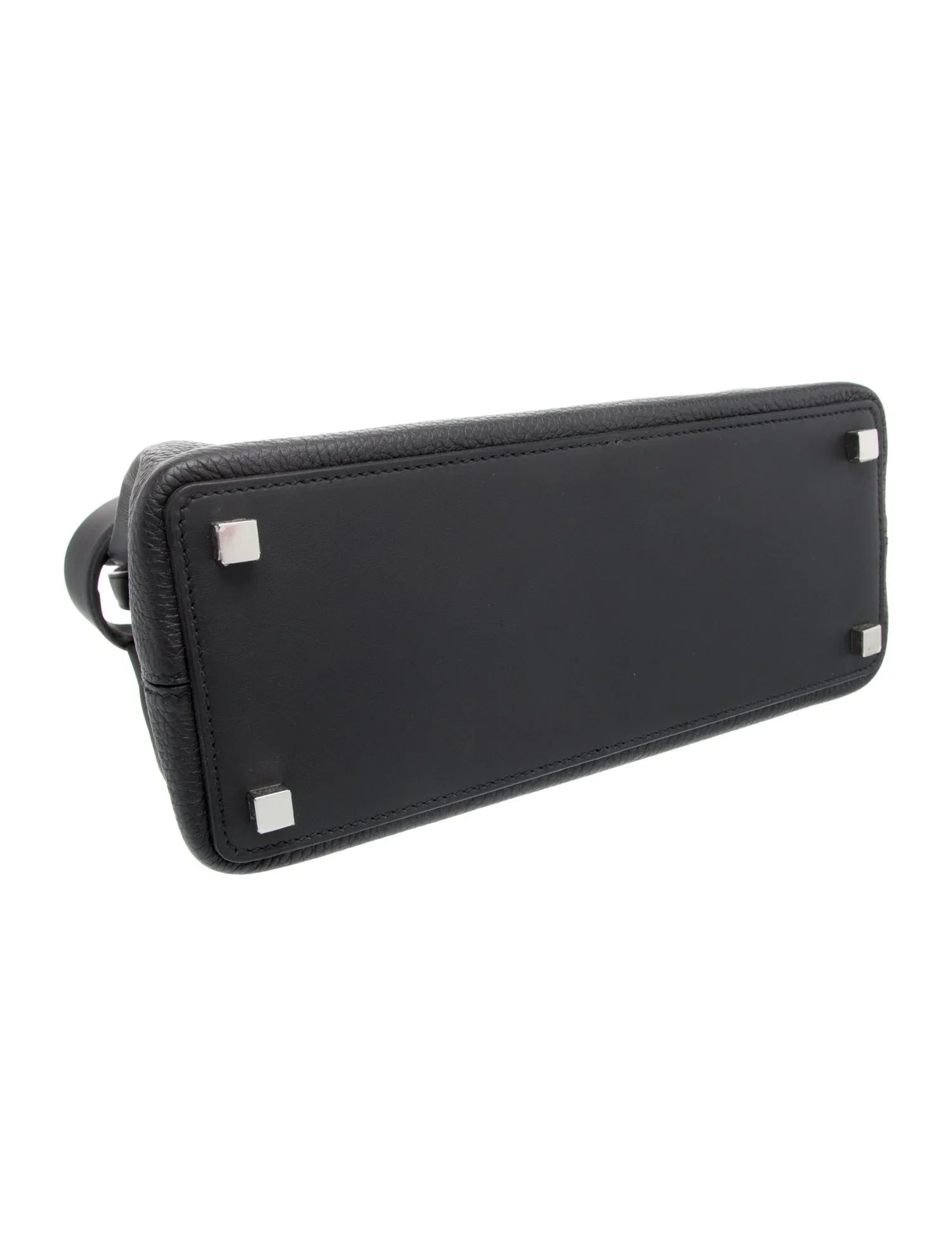 All-Black Soft Grain Handbag With Silver Buckle Hardware, Flat Top Handle & Detachable Shoulder Strap