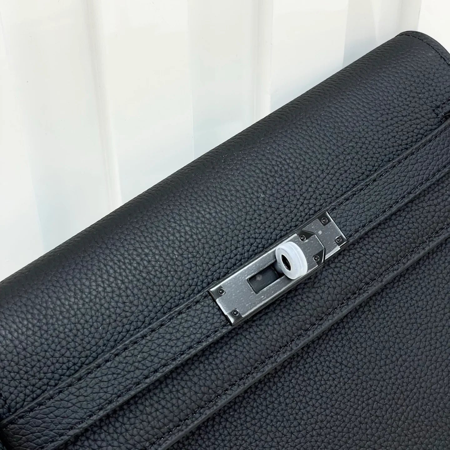 Solid Black Flap Wrist Pouch With Silver Turn Lock & Detachable Leather Wrist Strap