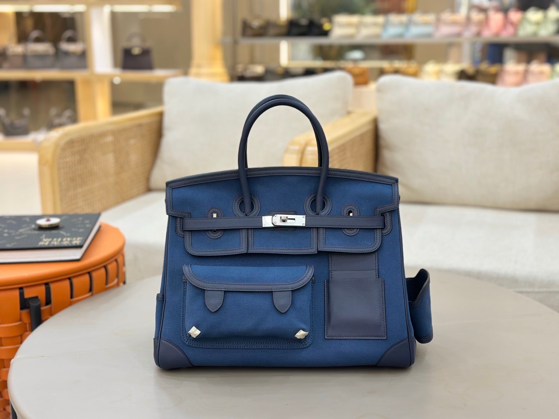 Deep Abyss Blue Multi-Pocket Structured Handbag With Silver Turn Lock and Dual Rolled Top Handles