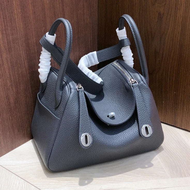 Dark Storm Black Soft Grain Dual-Handle Shoulder Bag With Silver Twist Lock and Wide Adjustable Straps