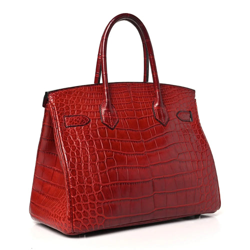 Red Matte Crocodile Textured Leather Handbag With Turn Lock Closure and Matching Top Handles