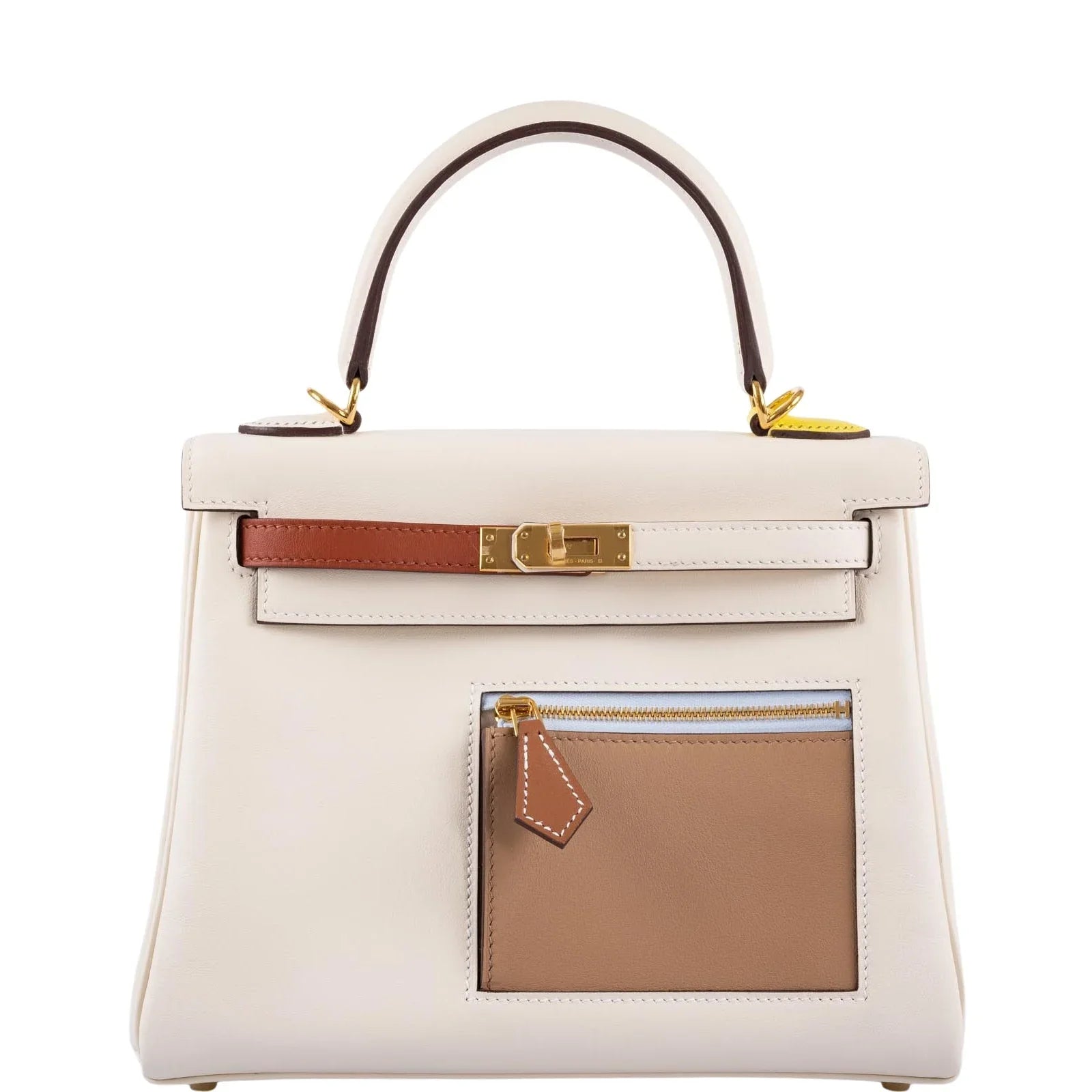 Creamy White Color Block Handbag With Gold Turn Lock and Front Zip Pocket