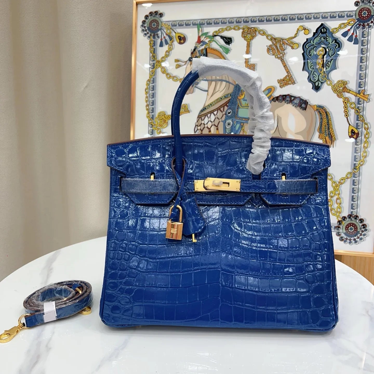 Glossy Bright Blue Croc Embossed Satchel Handbag With Gold Metal Lock and Detachable Shoulder Strap