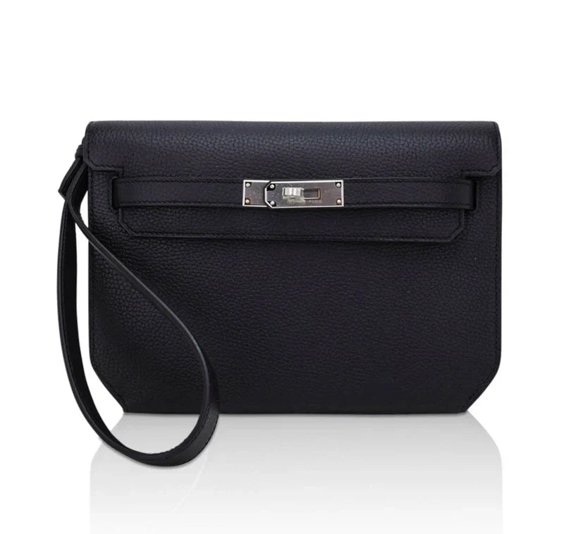 Solid Black Flap Wrist Pouch With Silver Turn Lock & Detachable Leather Wrist Strap